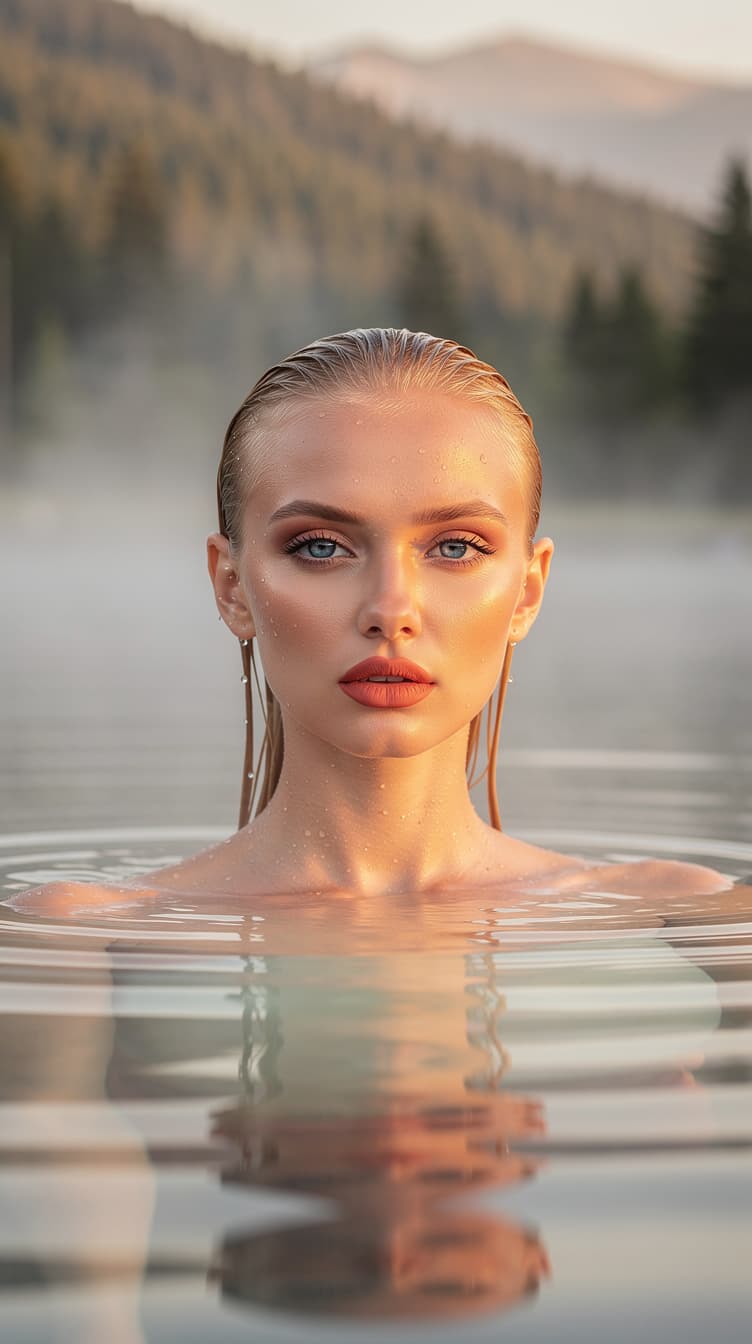 AI generated: "A vertical portrait image with soft golden hour light pastel colours. A lithe supermodel with fair ...