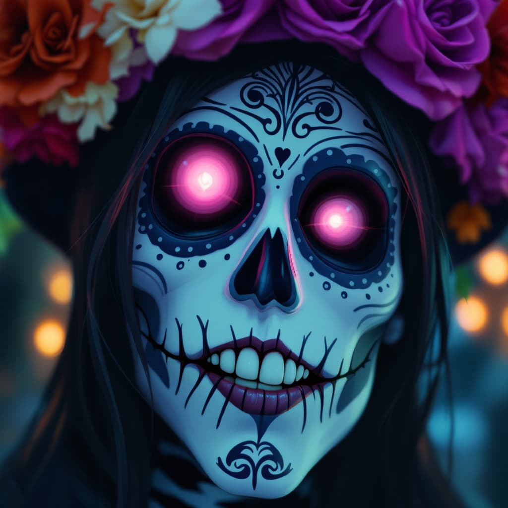 AI generated: day of the dead, in the style of Unreal Engine 5, caricature-like illustrations, exaggerated facial ...