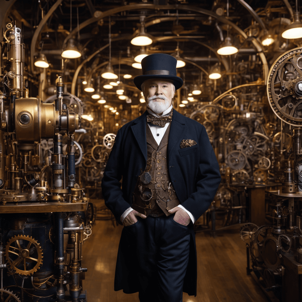 AI generated: A 55-year-old clockwork inventor, dressed in Victorian-era attire, surrounded by intricate mechanica...