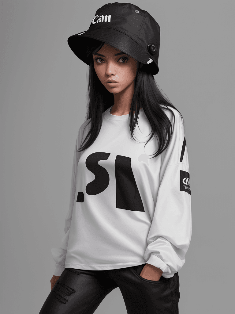 AI generated: capturing a model, woman wearing jacket with white t-shirts, black pant, skate shoes, black bucket h...