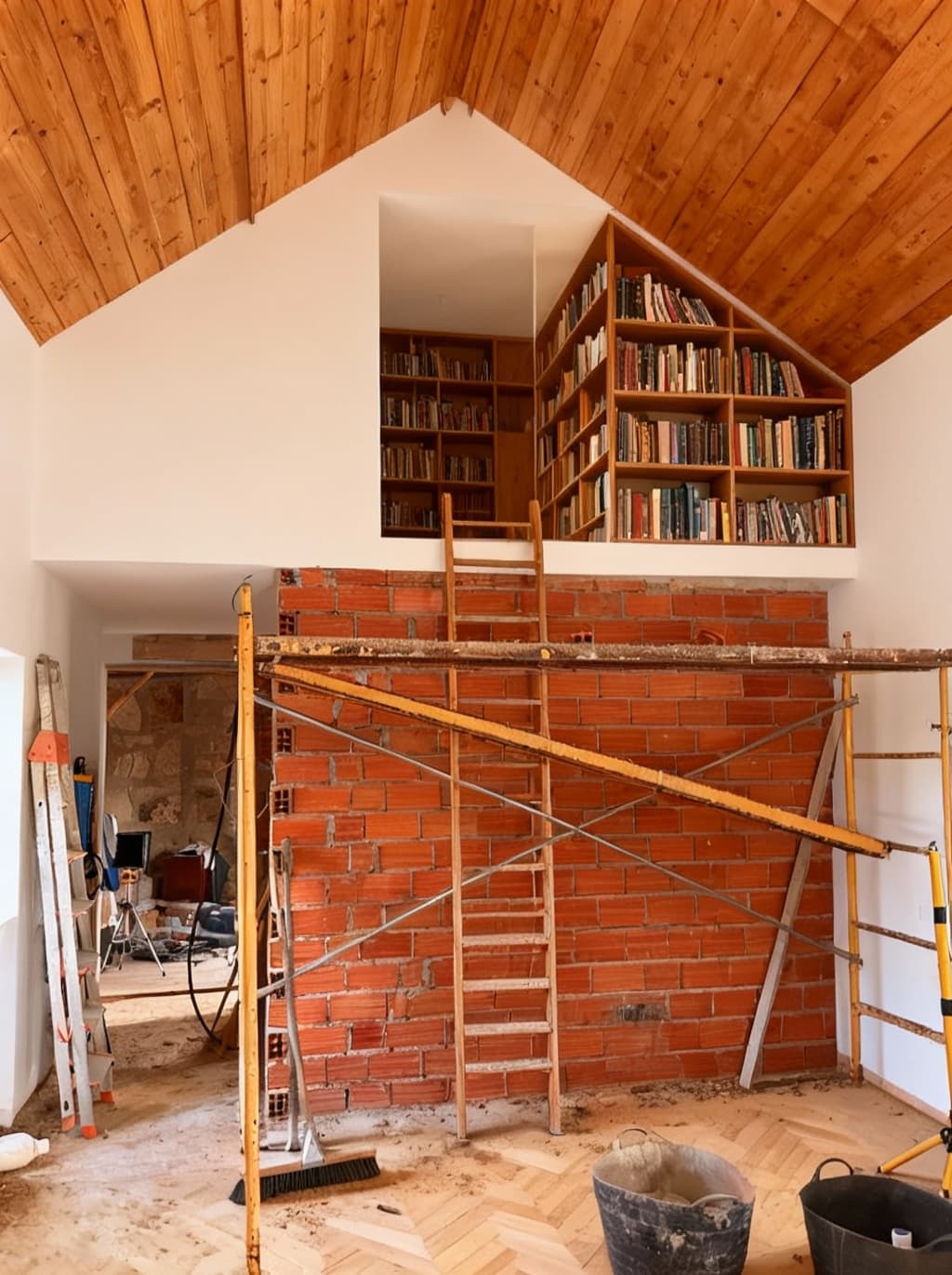 AI generated: Pon el techo de madera de pino, las paredes blancas, con una escalera de madera de biblioteca en el ...