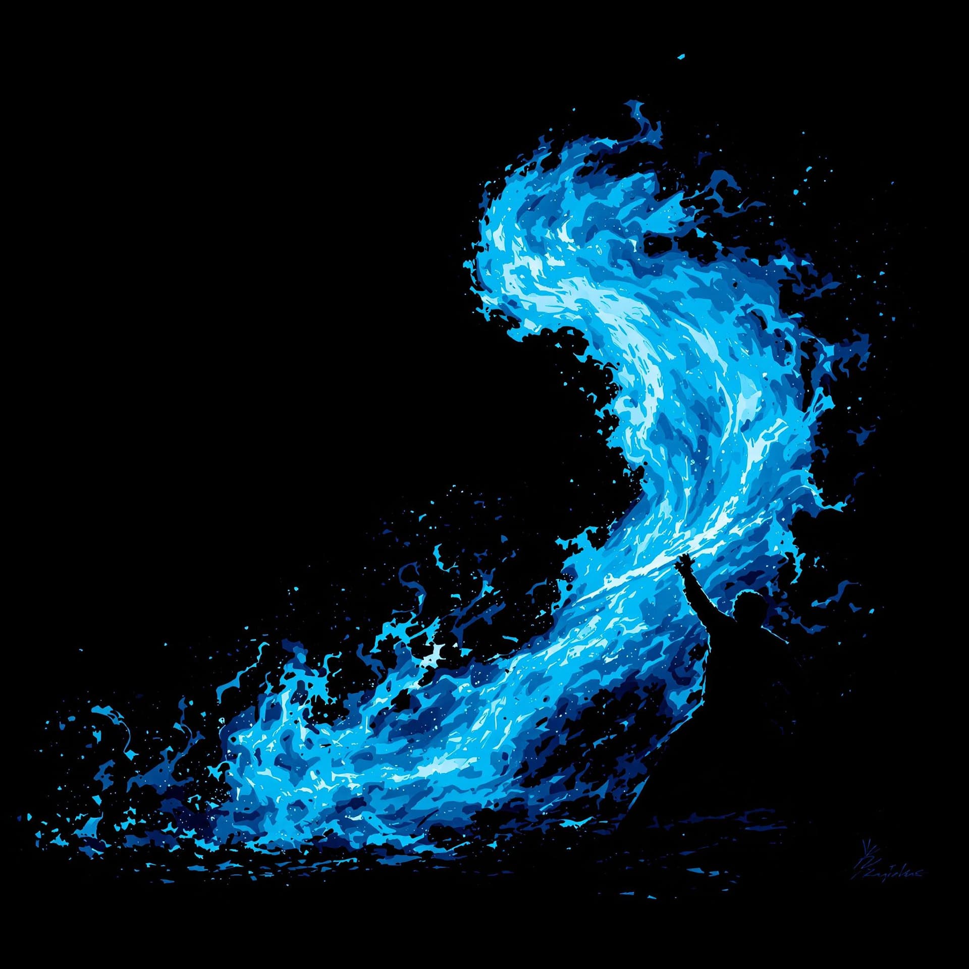 AI generated: Black silhouette of a man, sword swing pose, large lazure flame storm erupts from blade, dark backgr...