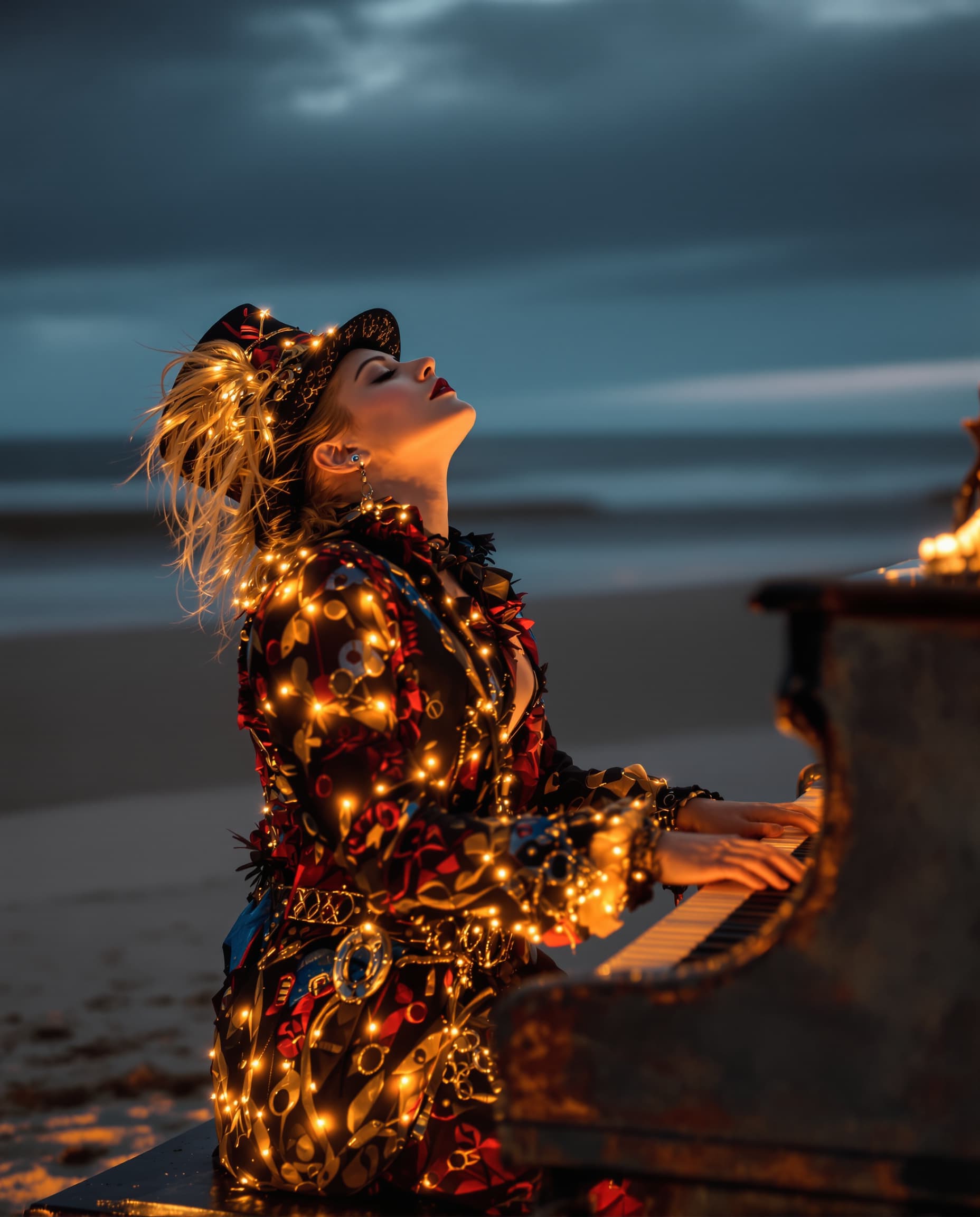 AI generated: Image is a dramatic, artistic photograph featuring a person playing a piano on a beach at dusk. The ...