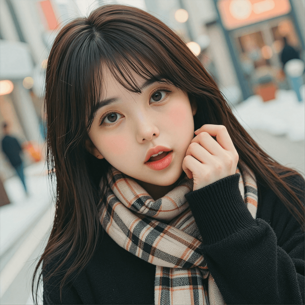 AI generated: a tilted angle close-up shot of a kawaii young Japanese female with slightly open mouth, capturing h...