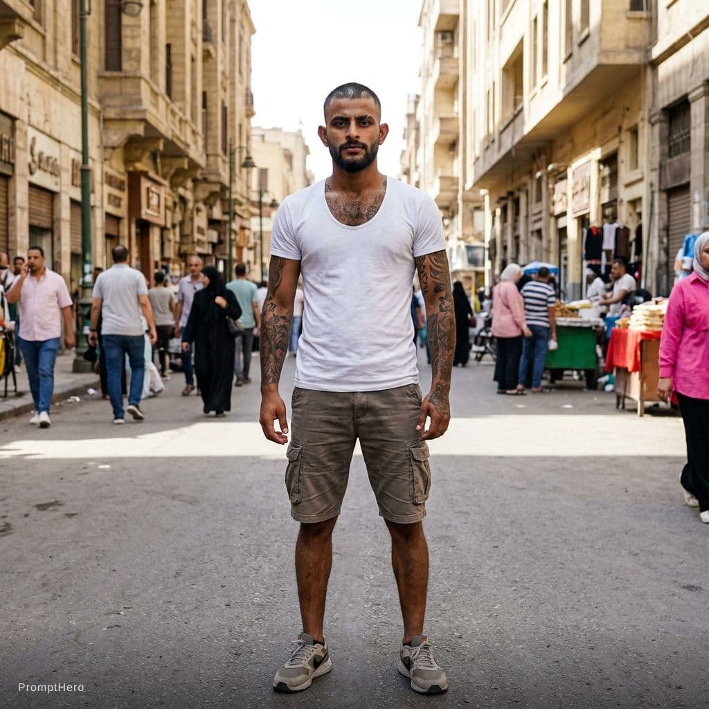 AI generated: male, 45 years old, small muscles, short Military haircut, Melted Hair, bat ear, one week beard, ful...