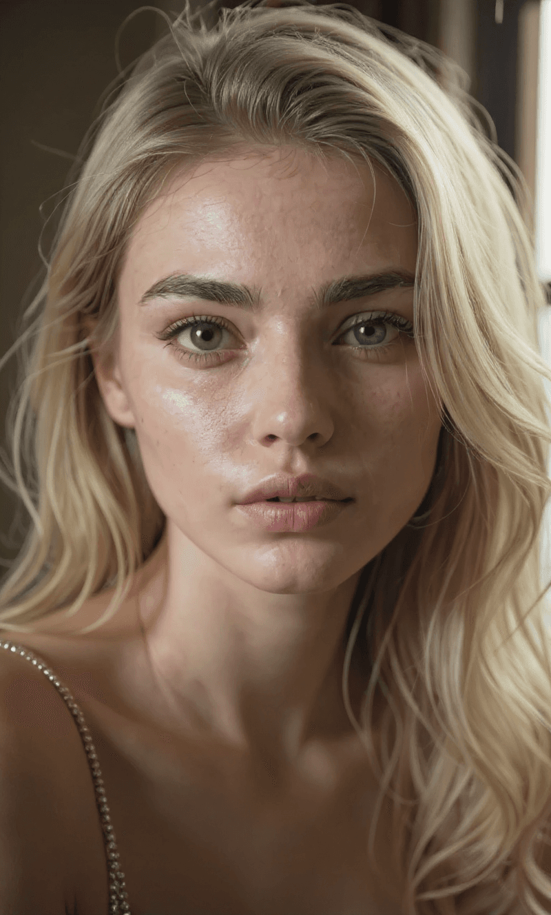 AI generated: Photo realistic macro shot of the uploaded woman's face with shallow depth. Camera from 3/4 angle, v...