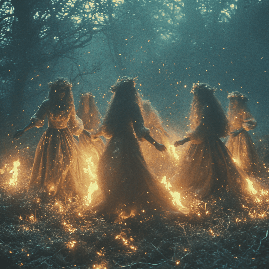 AI generated: Cinematic, photo, a witch coven dancing around a fire in the cool moonlight, mysterious, magical, da...