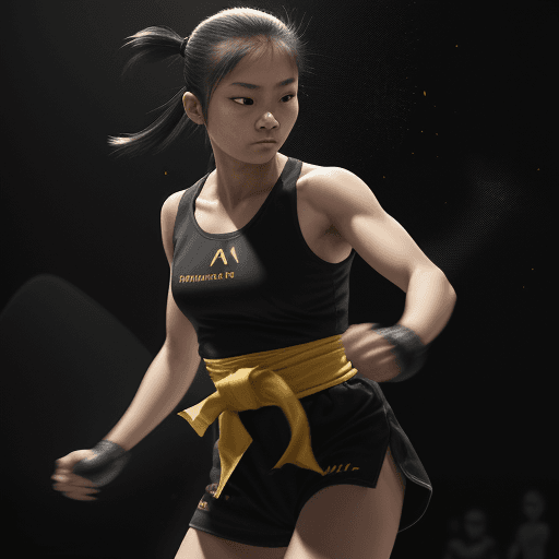 AI generated: Prompt: Focused:1.1 woman:1.1 (wearing:1.1) a black (gi1.1) with (yellow:1.2) lining practicing (muy...