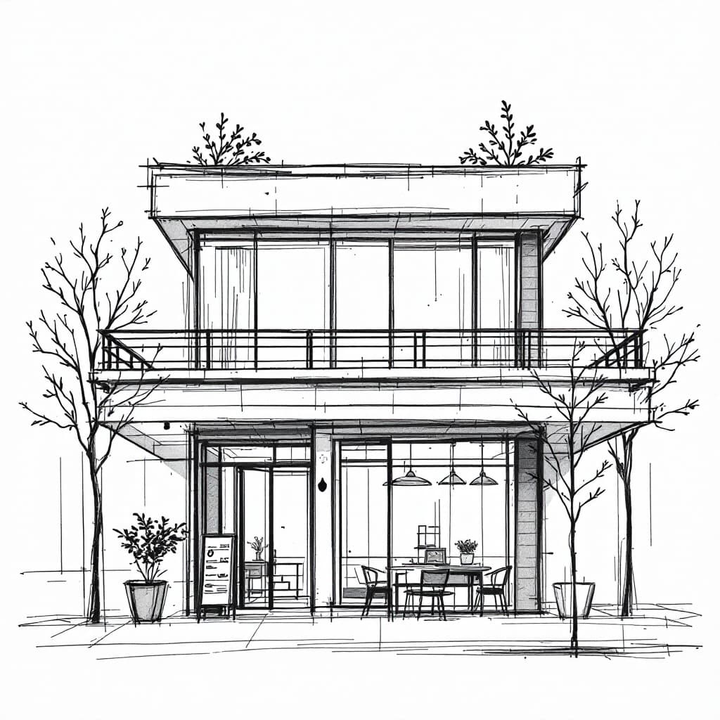 AI generated: architectural sketch, central composition, bauhaus style, two story contemporary cafe facade design,...