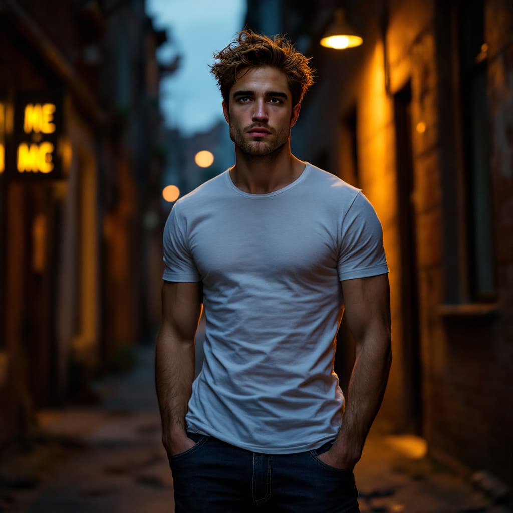 AI generated: A lean, athletic 28-year-old man with a face subtly resembling Robert Pattinson, standing in a gritt...