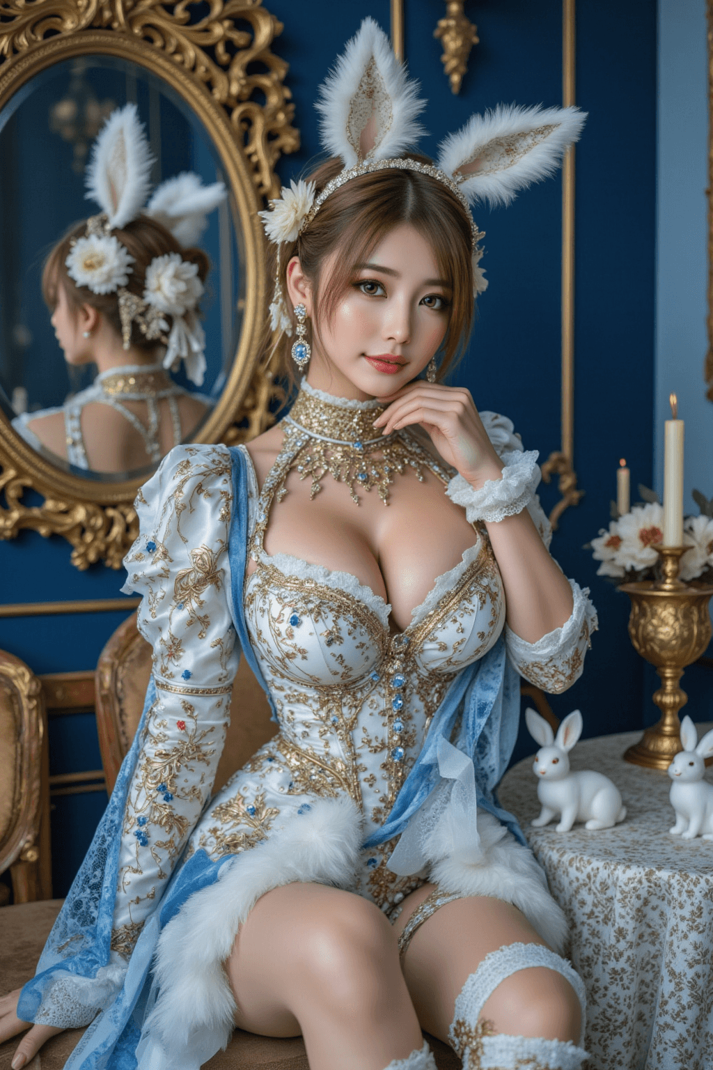 AI generated: Create an ultra-detailed, hyperrealistic, and opulent high-fashion fantasy portrait of a stunningly ...
