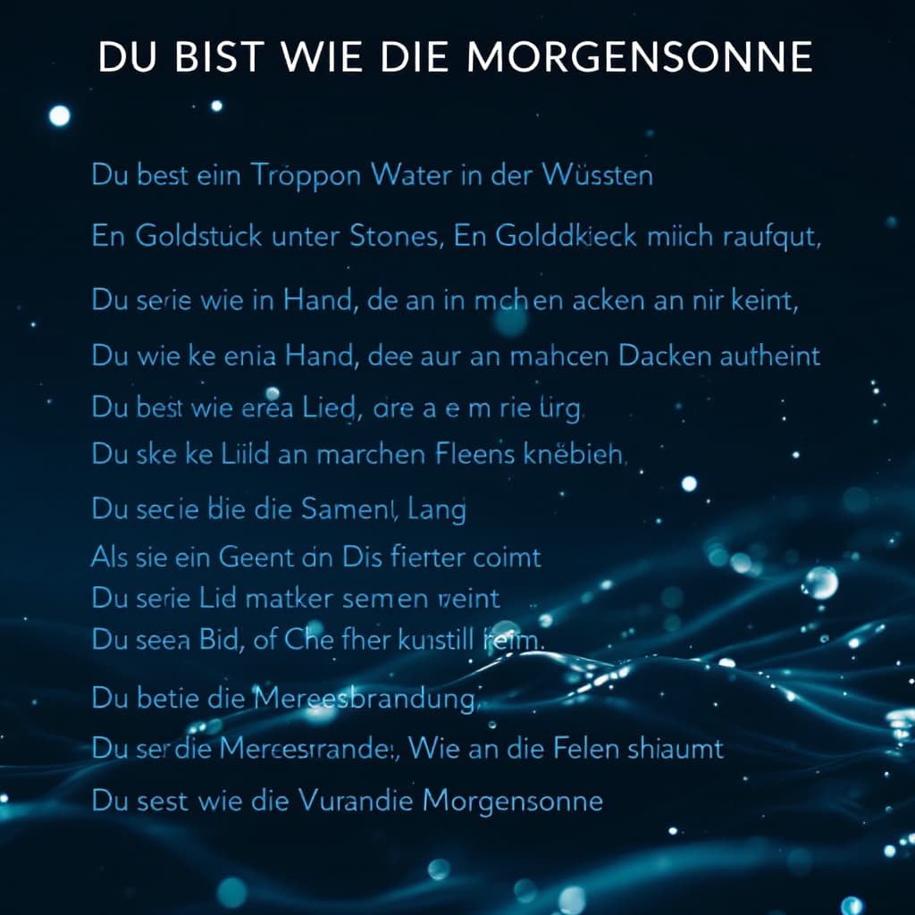 AI generated: a poetic image for this poem:
"DU BIST WIE DIE MORGENSONNE

Du bist ein Tropfen Wasser in der Wüste
...
