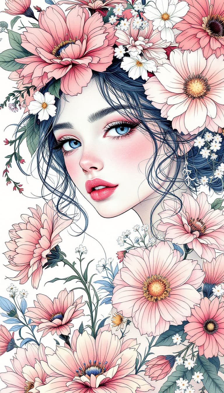 AI generated: picture of a girl dressed in flowers, in the style of artgerm, loose linework, lush and detailed, de...