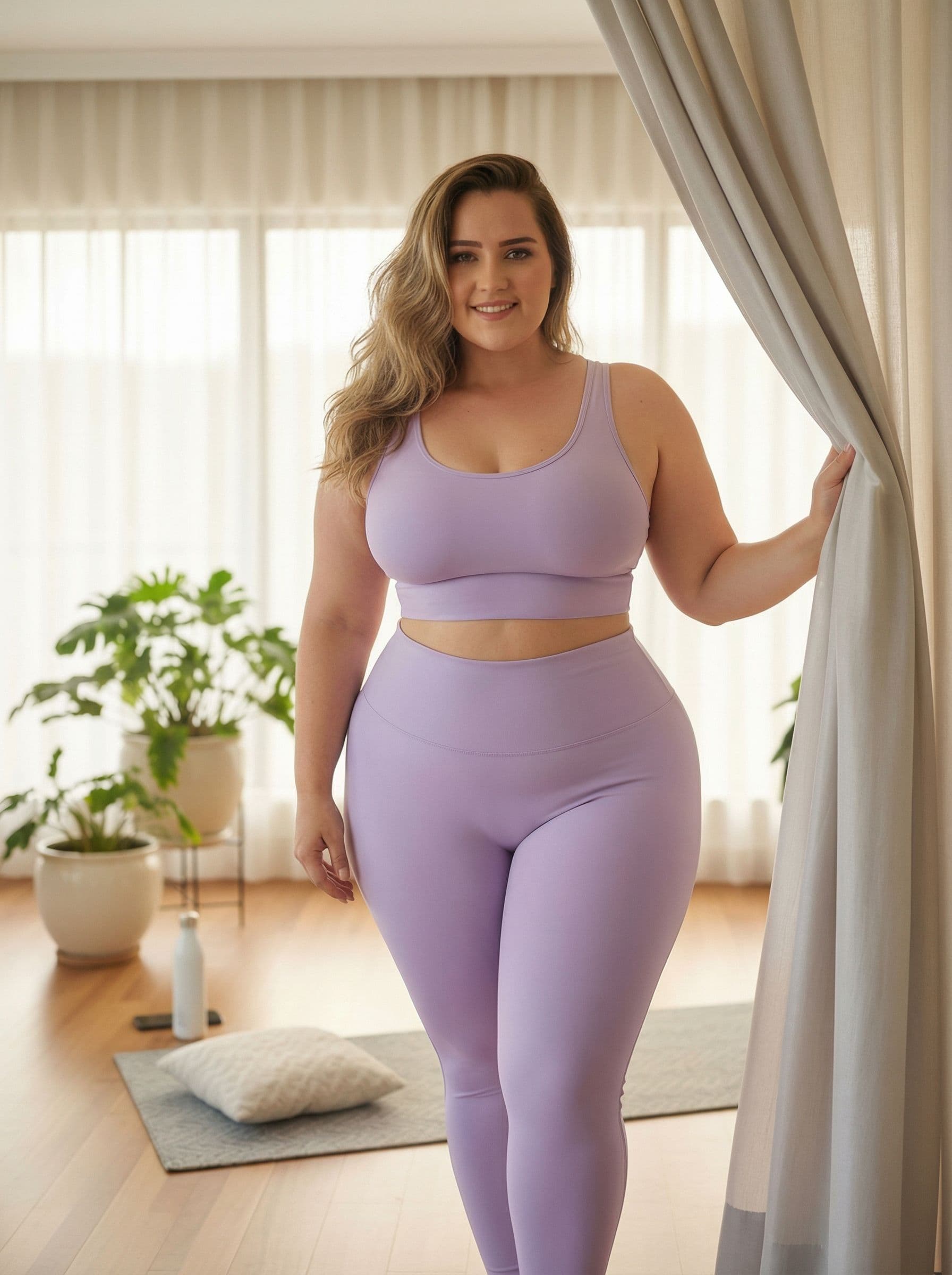 AI generated: A photorealistic image of a stunning and curvaceous 21-year-old woman with glowing skin, long wavy h...