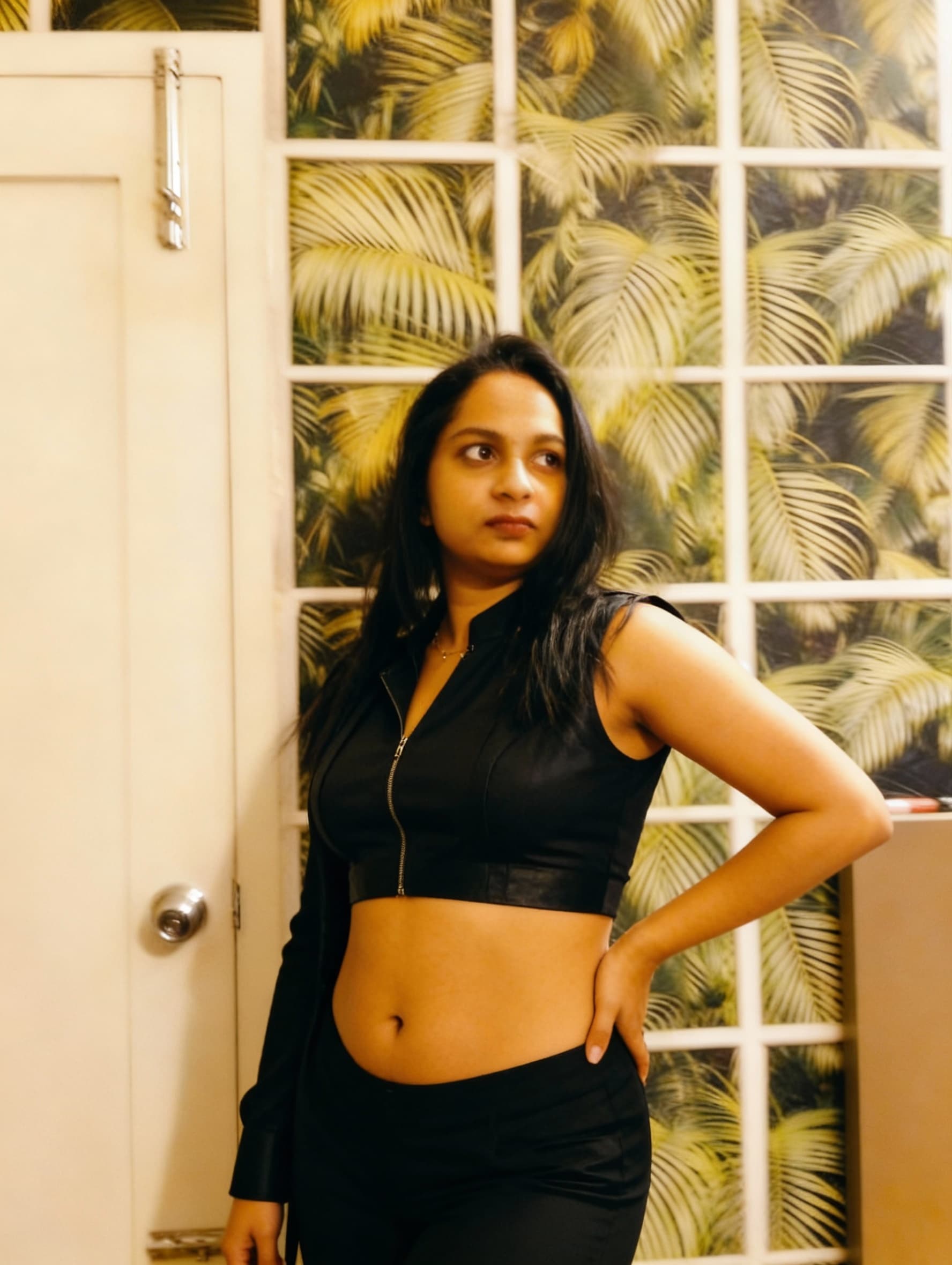 AI generated: Create a hotty stunning look and showing navel posing 