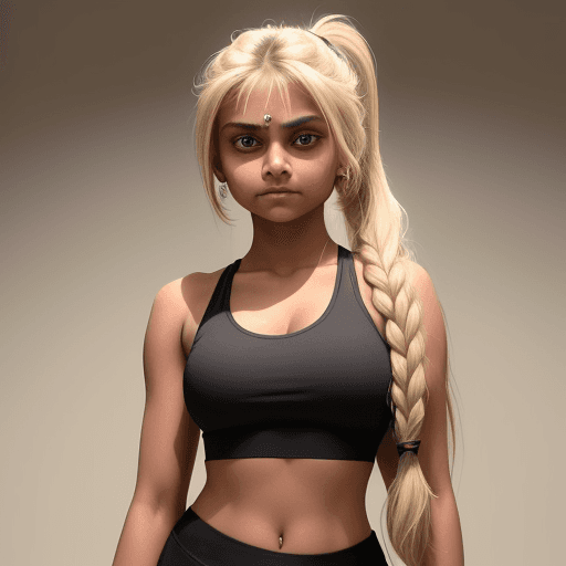 AI generated: A young indian girl with long blonde hair tied back in a ponytail, wearing a black sports bra and hi...