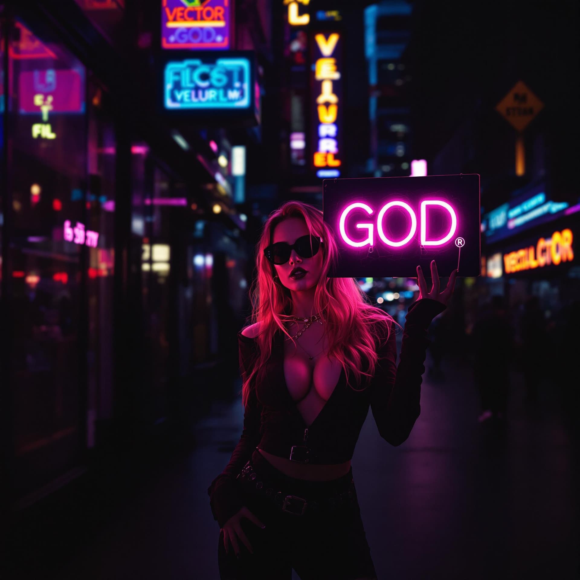AI generated: Lana Del Ray Holding a "Vector GOD" neon sign, night street, cyberpunk