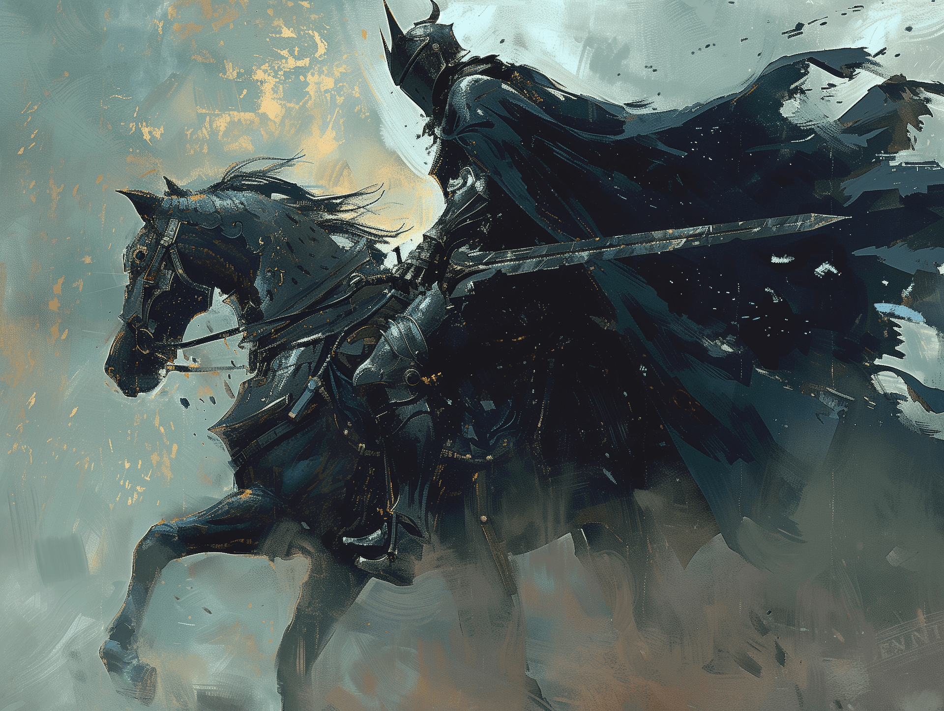 AI generated: a knight in his shinig armor on his dark horse, in sleek armor black cape, with a sword, in the styl...