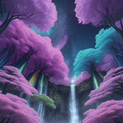 AI generated: In a fantastic, surreal world a scene of breathtaking beauty unfolds. Vibrant trees with iridescent ...