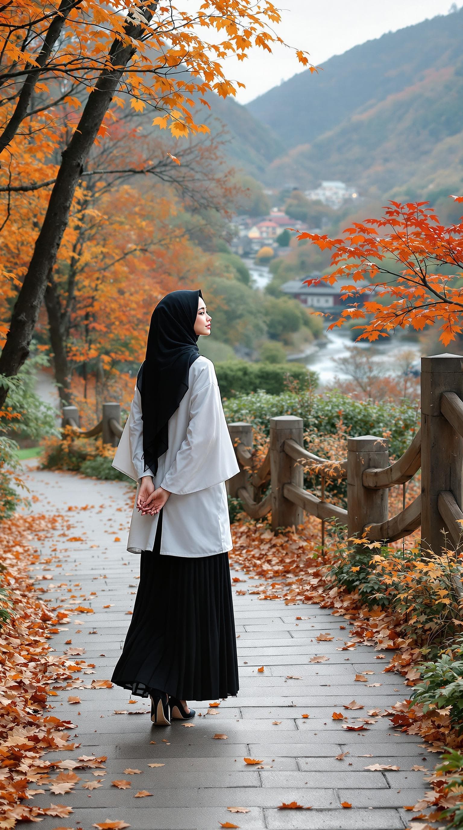 AI generated: realistic, japanese girl, beautiful girl, full body, ulzzang face, black hijab, wearing a white robe...