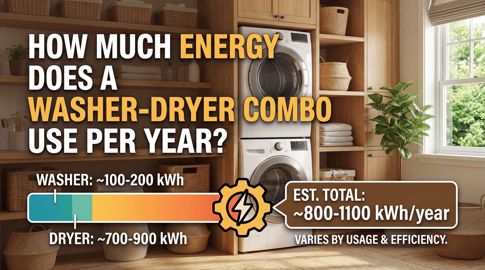 AI generated: How much energy dryer use per year. Make into thumbnail design compelling. It's a washer dryer. show...