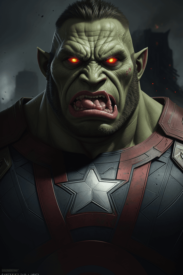 AI generated: body portrait, very angry captain America orc, intimidating, menacing, powerful, low angle, horror, ...