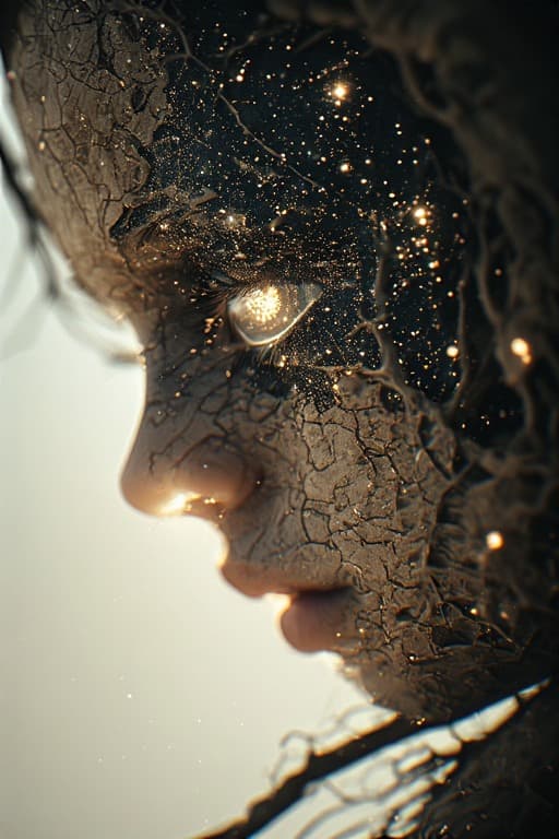 AI generated: An extreme close-up profile of a person's face, rendered in a highly textured, almost geological sty...