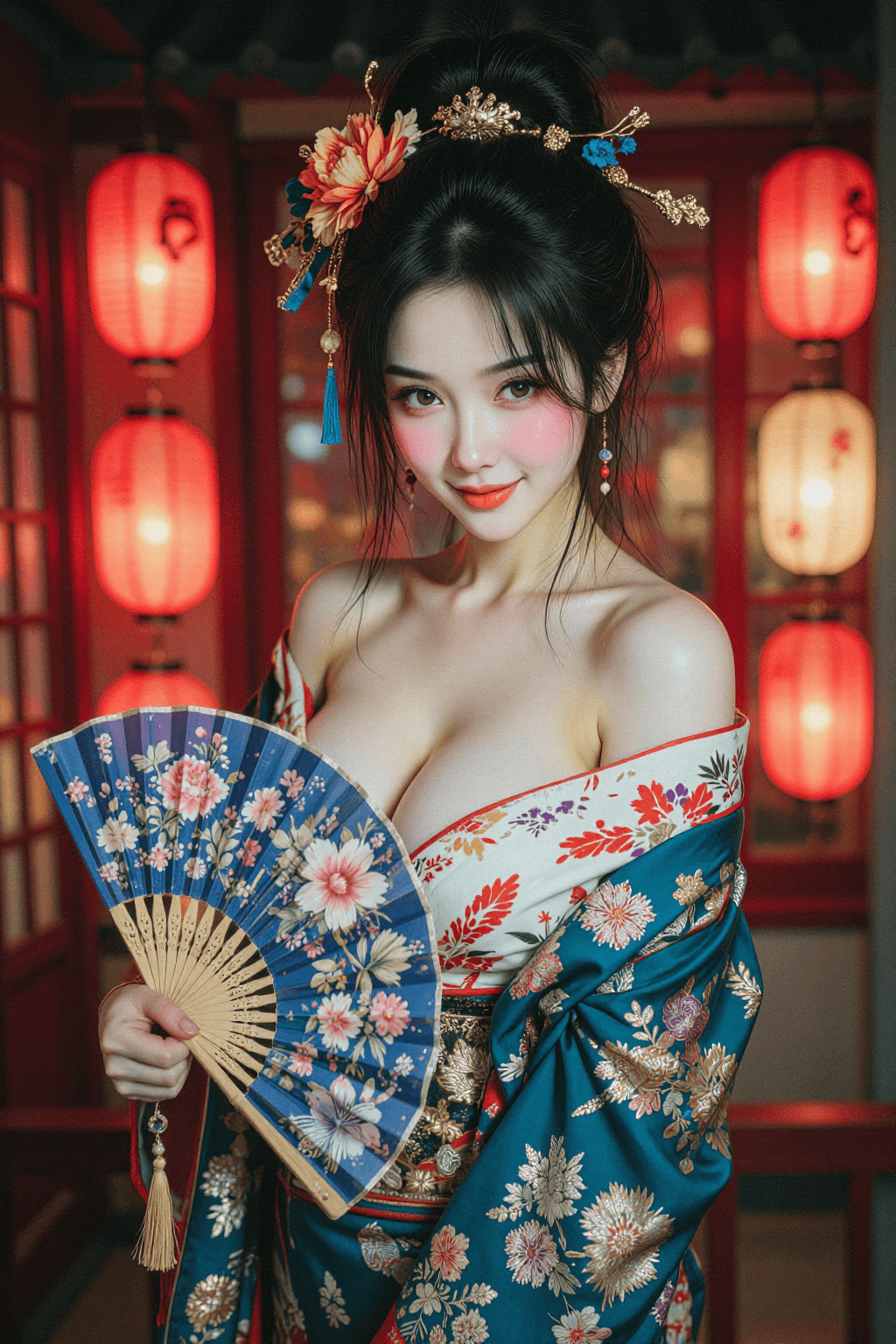 AI generated: A detailed, photorealistic, cinematic vertical medium shot of a stunning young woman styled as an op...