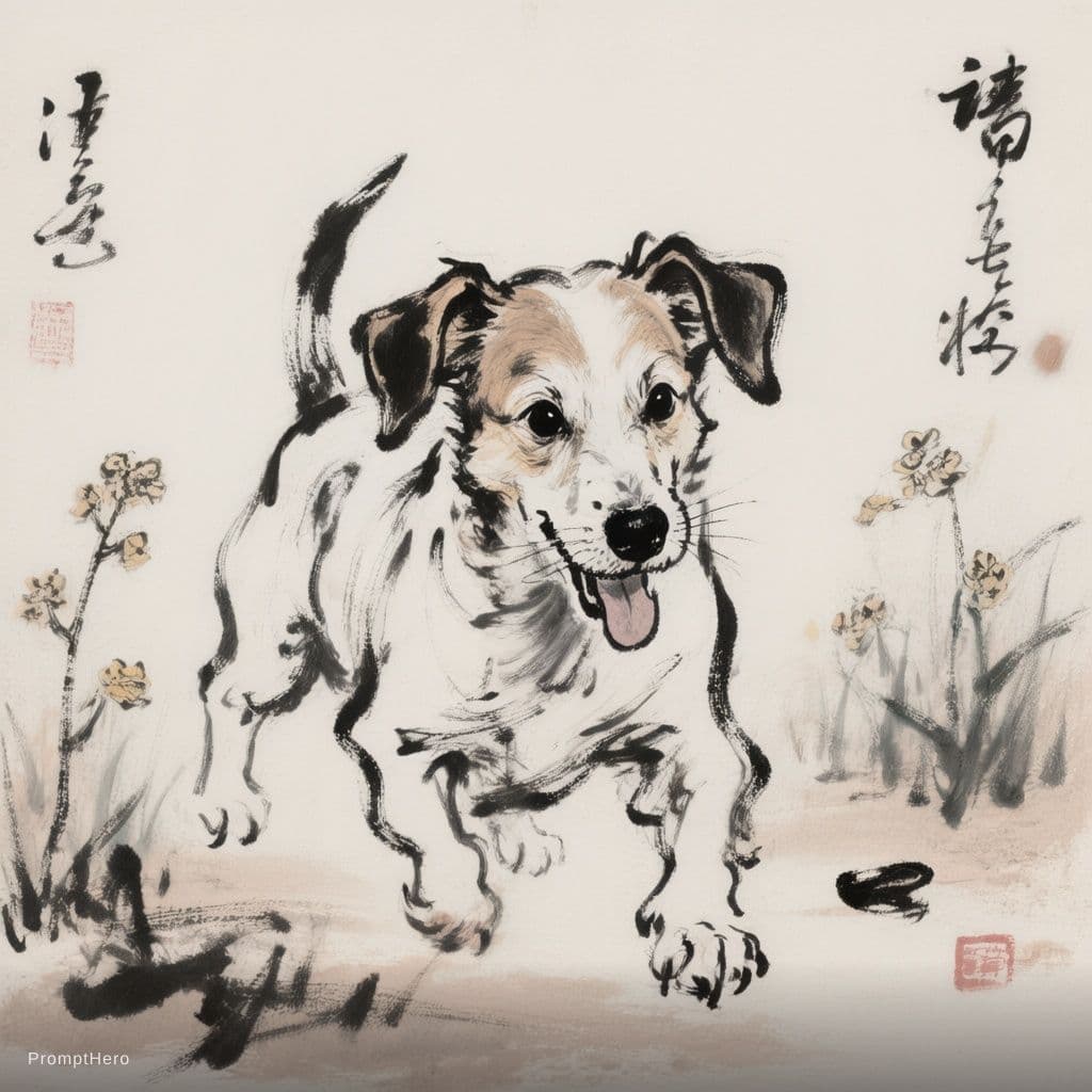 AI generated: Picture a dog portrayed with the artistic essence of Qi Baishi's renowned brushwork. The dog's form ...