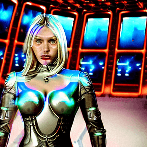 AI generated: 
photo of sci fi futuristic  full body blonde cyborg girl , busty, 34f cup, with translucent deep v ...