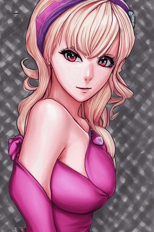AI generated: ((princess_peach)), (anime face),pink dress, huge breasts, blonde hair, female, by Artgerm