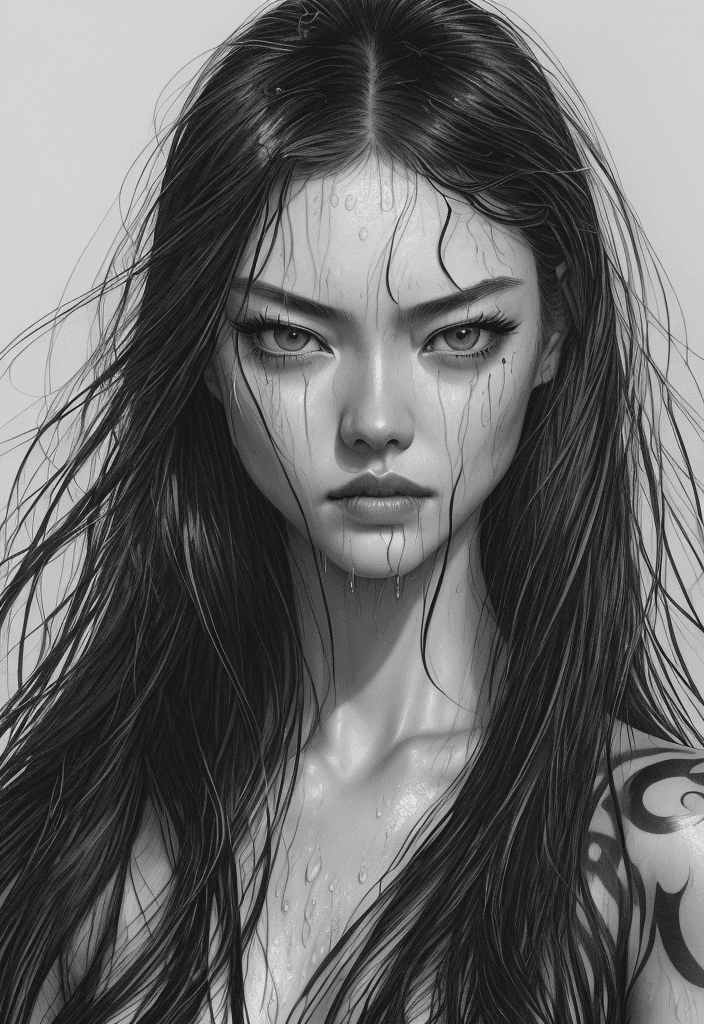 AI generated: mix face: liu wen, amanda seyfried, amber heard; a black tattooed, hyperrealistic, intense gaze, wet...