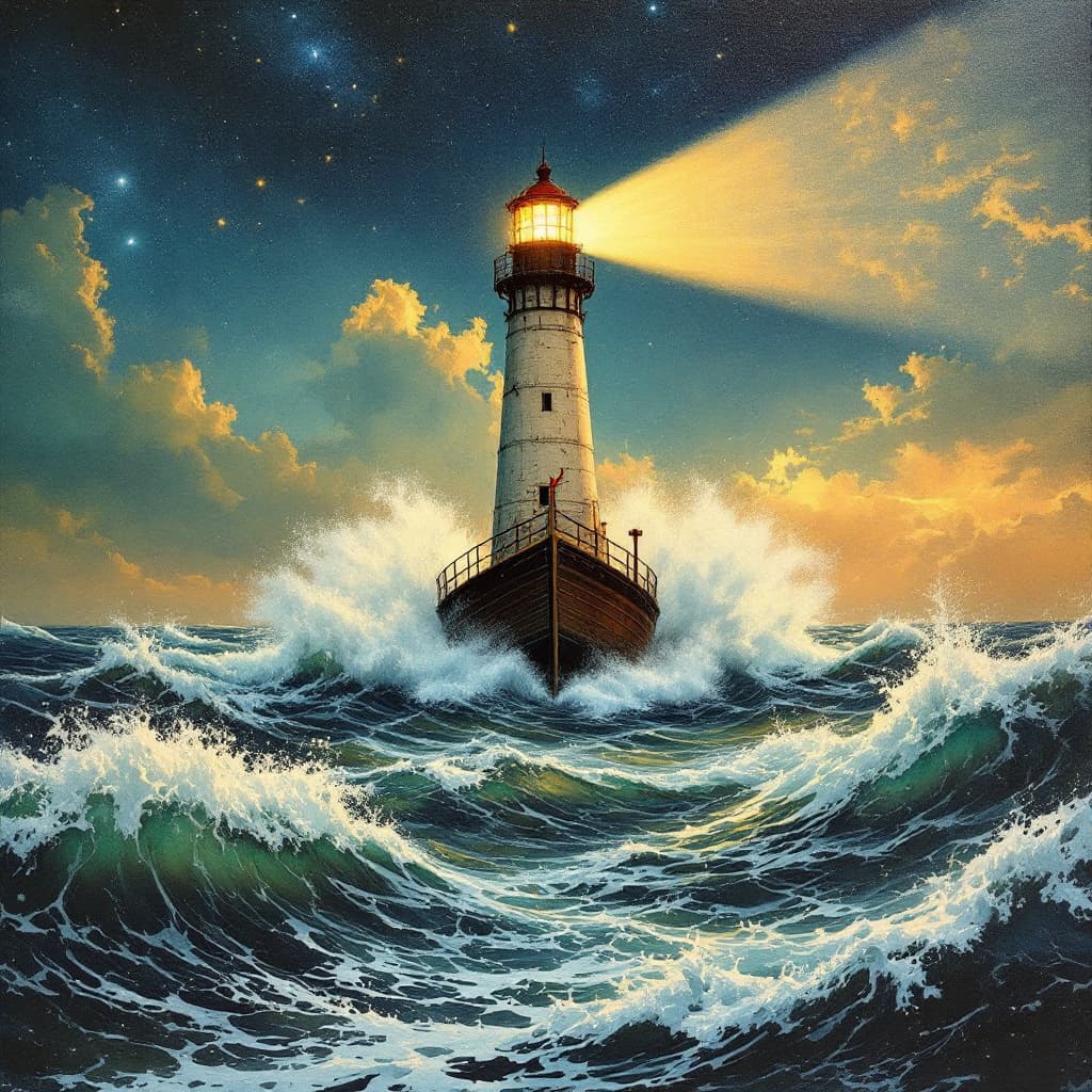 AI generated: A lighthouse guiding a ship through turbulent waters, with the motto "Stay the Course" forming in th...