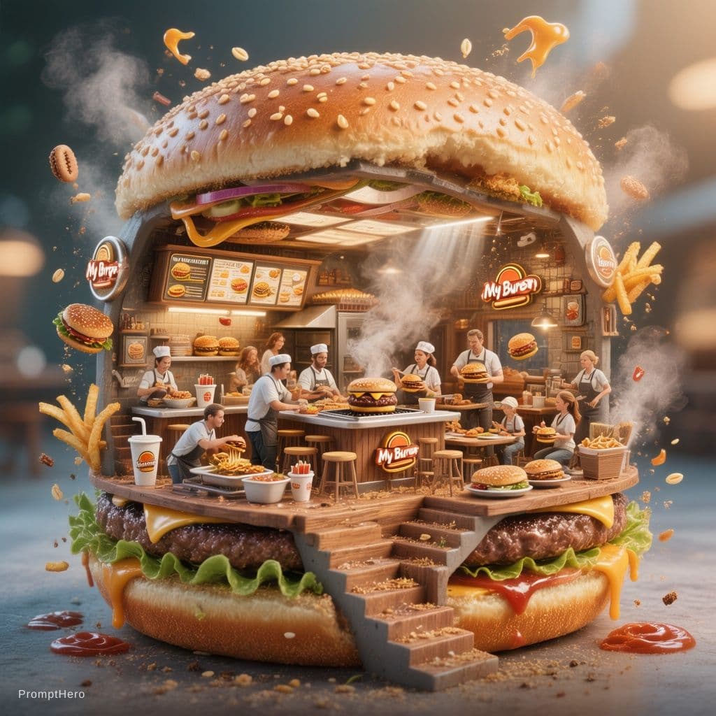 AI generated: Ultra-realistic 3D miniature diorama of a **My Burger** restaurant built inside a giant gourmet hamb...