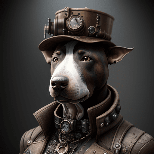 AI generated: Bull terrier in dystopian attire, steampunk style, with funky hat, hyperrealism, photorealistic, 8k,...