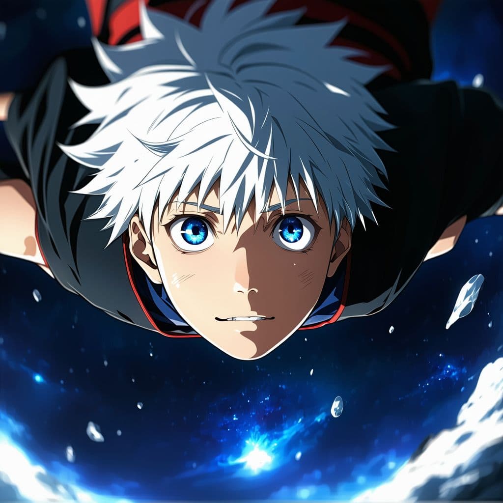 AI generated: Satoru Gojo, Jujutsu Kaisen, Handsome man with white medium length hair,  blue galaxy in his eyes,  ...