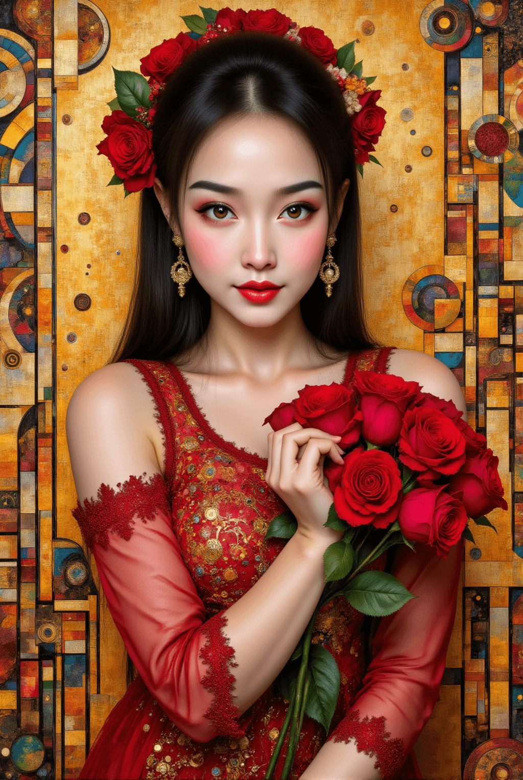 AI generated: Prompt highly detailed and ornate illustration in the style of Gustav Klimt, featuring an elegant wo...