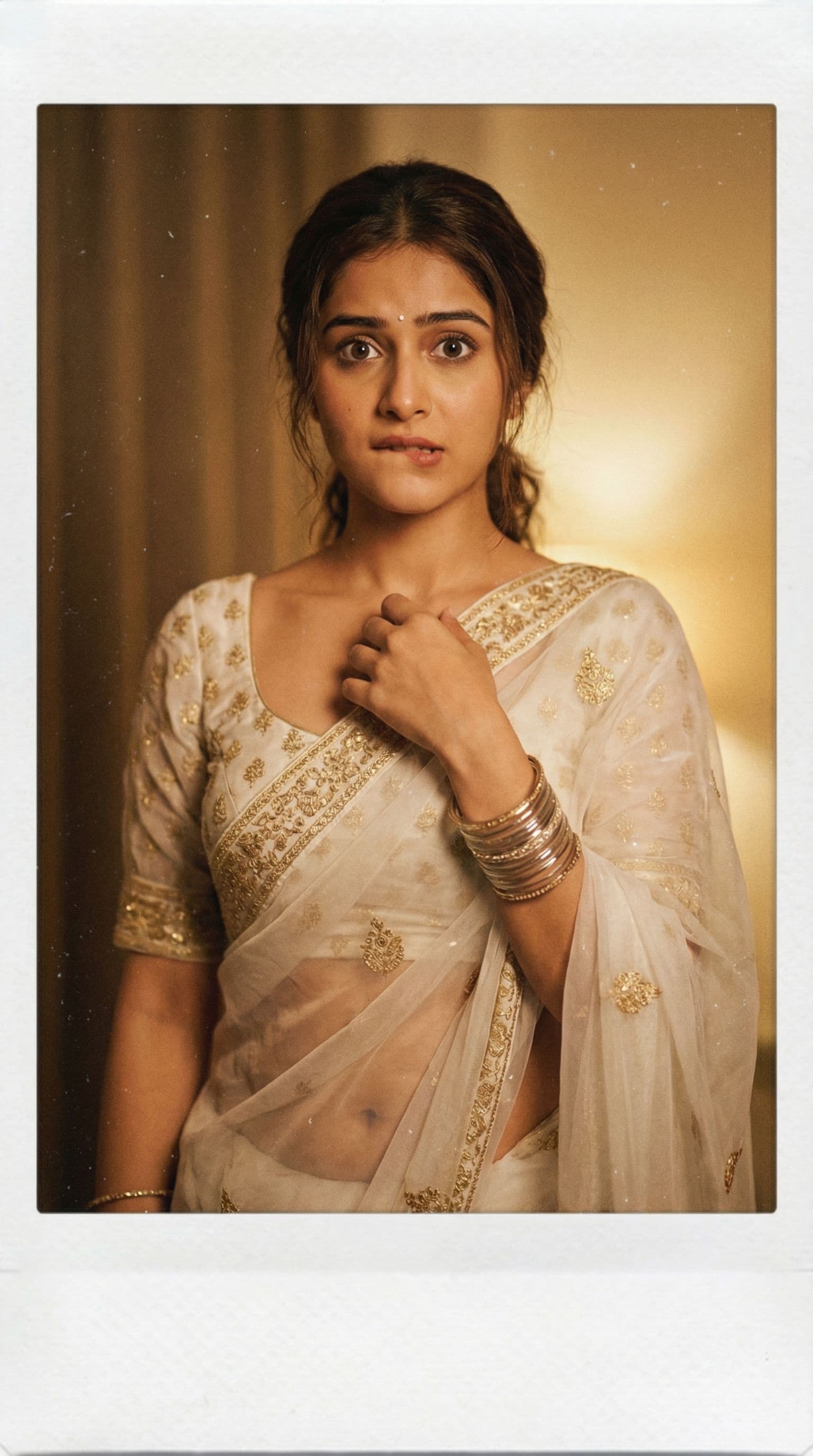 AI generated: Shuhani shah,  one hand on chest,biting her lip, 18-21 years old, brown hair, Indian hair style, sar...