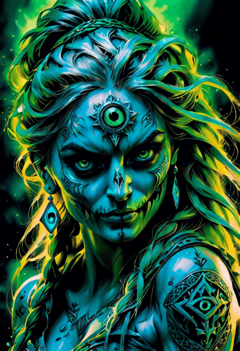 AI generated: Prompt: up close, full body, viking woman intricate detailed (skeleton face), giant decayed mythical...