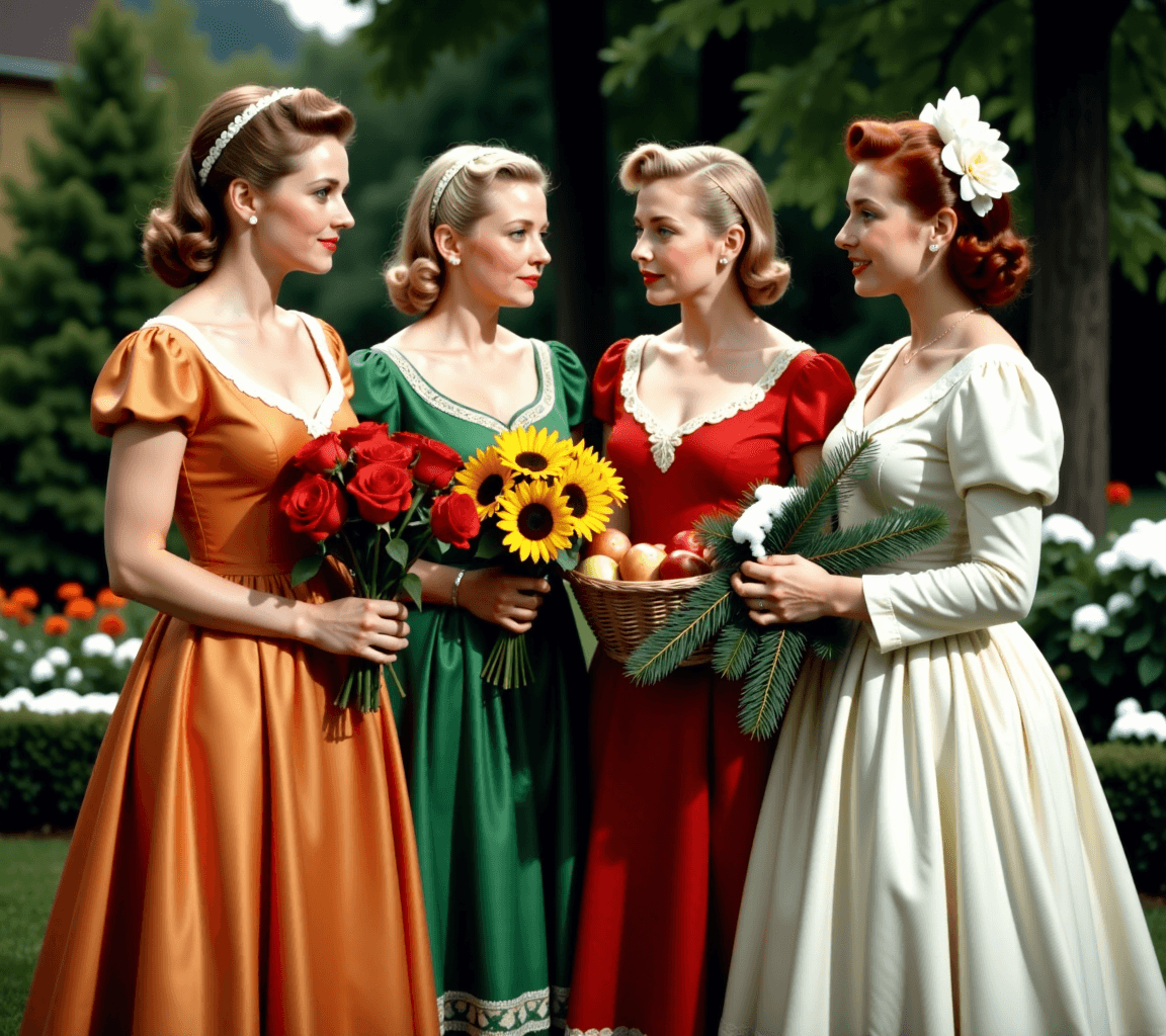 AI generated: movie still from a 1950s musical movie, Four women , each dressed in richl detailed garments. They s...