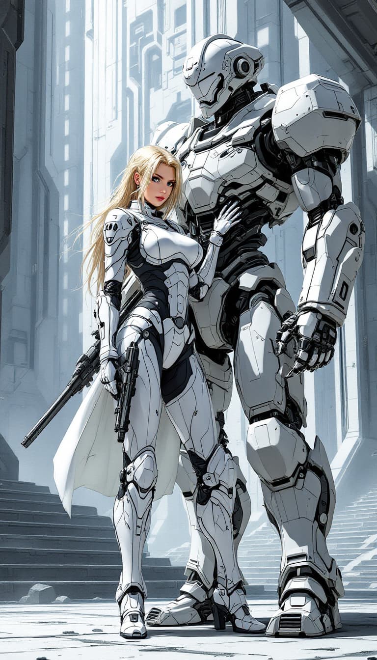AI generated: A full body shot of a European blondie female warrior in an armored suit stands next to her robot, h...