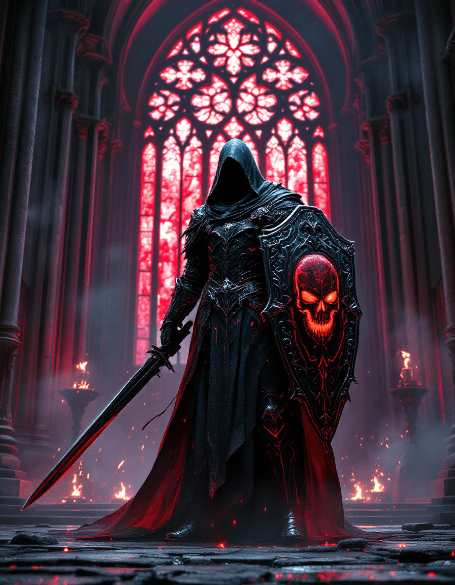 AI generated: A cinematic, hyper-detailed dark fantasy scene featuring a hooded, faceless dark knight clad in blac...