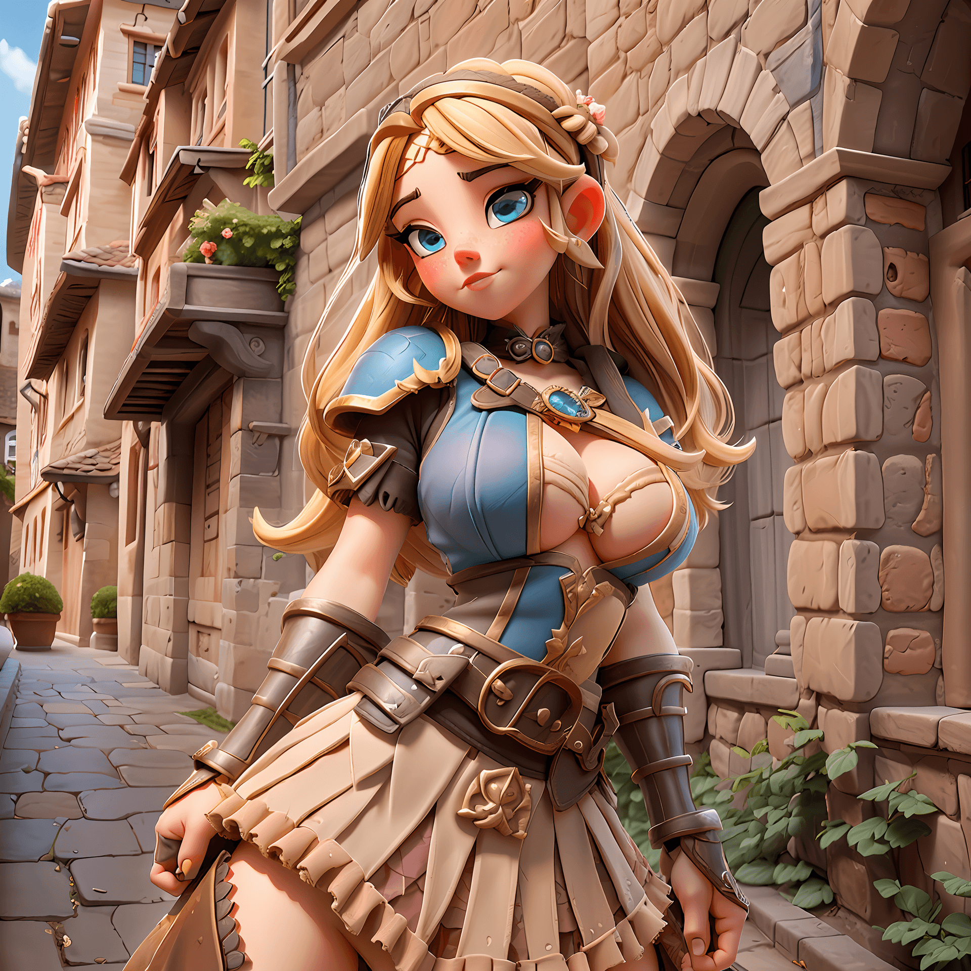AI generated: Beautiful girl, 1 girl, alluring, sexy, wearing over sexualised medieval armor, pelvic flap, epic un...