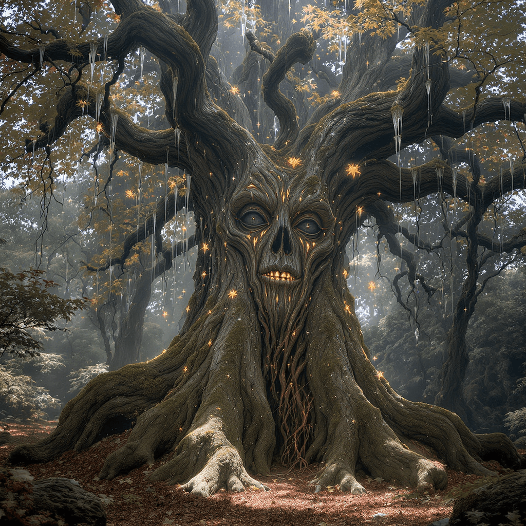 AI generated: an ancient tree spirit, made of gnarled wood and glowing moss, with
deep, wise eyes carved into the...