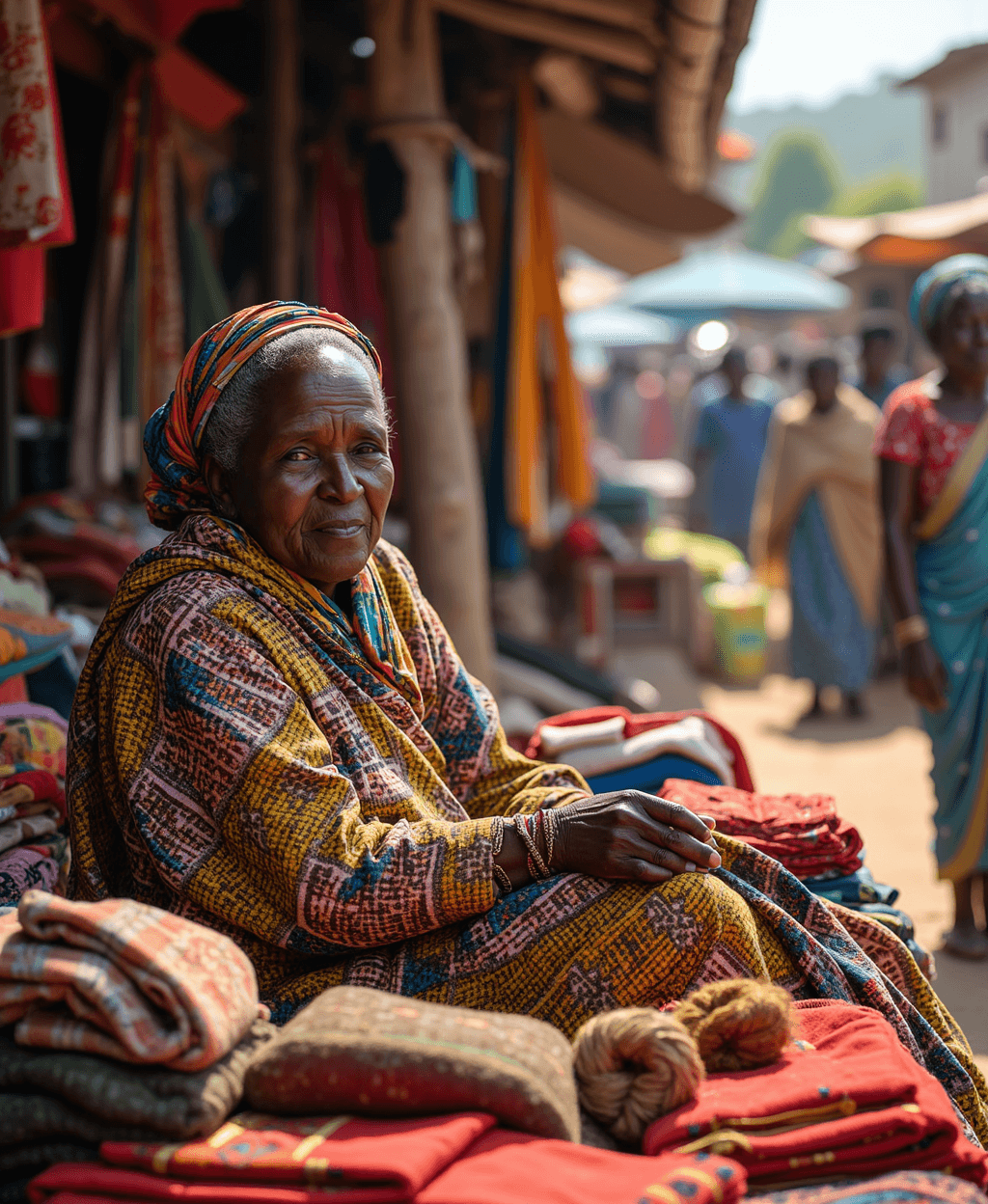 AI generated: A photorealistic 4K image of an elderly Peul woman selling handmade textiles at a bustling market in...