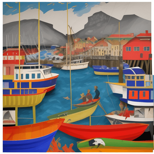 AI generated: (Painting of cape-town fish market at a lively fish harbour) Infuse the vibrant scenes of Romare Bea...