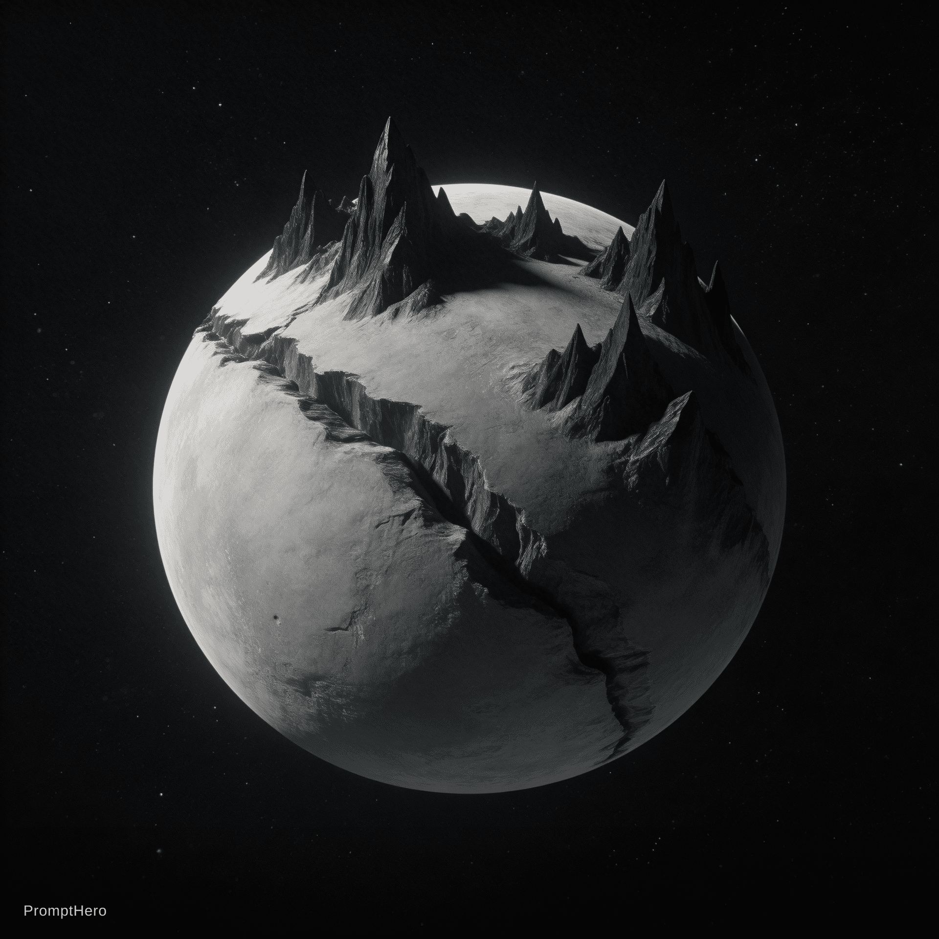 AI generated: a light grey planet with lots of deep canyons and tall black mountains floating in the darkness of s...