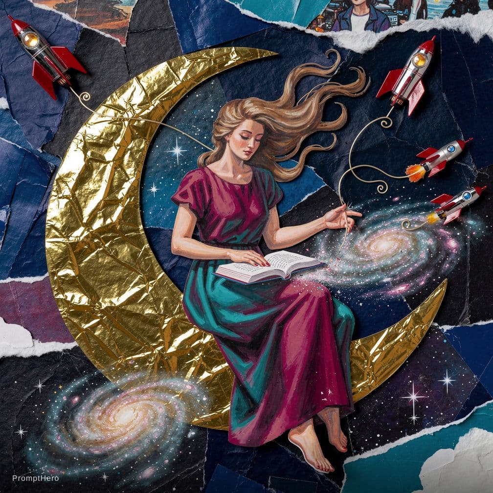 AI generated: "A surrealist collage featuring a giantess sitting on a crescent moon that looks like a gold foil st...