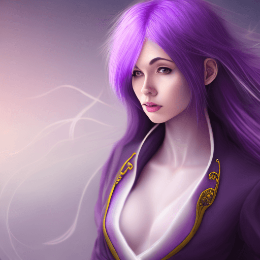 AI generated: purple haired mage, full body portrait, gentle, cloth, female, city landscape, d 