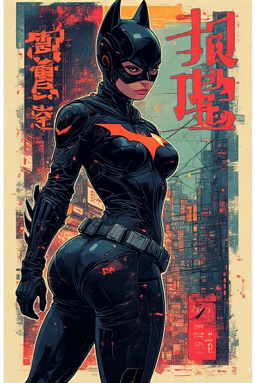 AI generated: Large white border all round. Overlay Japanese type. A poster with of batgirl in tokyo, cyberpunk ar...